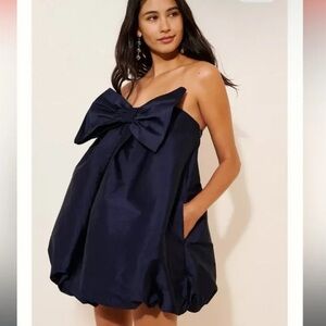 NWT. Retail $248. Size S BHLDN Midnight Blue Strapless bow tent mini dress.
